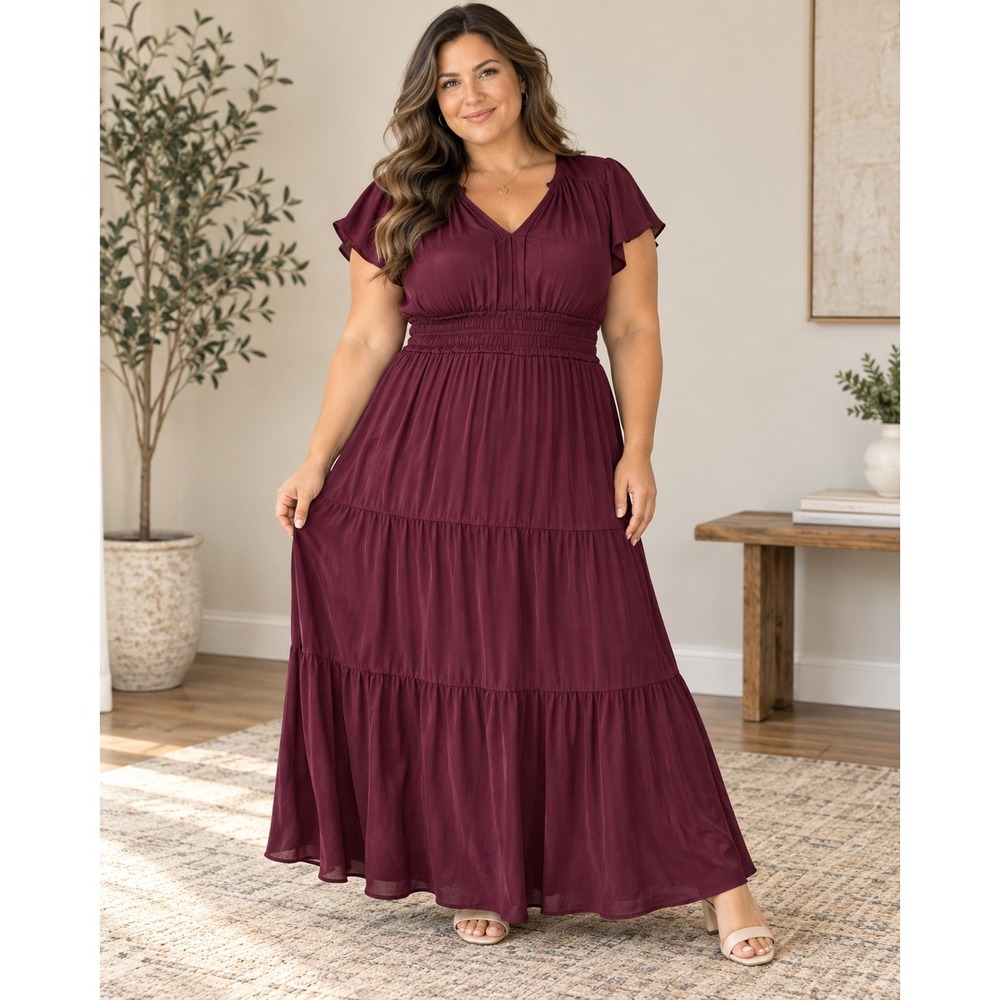 Quince Washable Stretch Silk Tiered Maxi Dress Womens XL Wine Burgundy 90% Silk